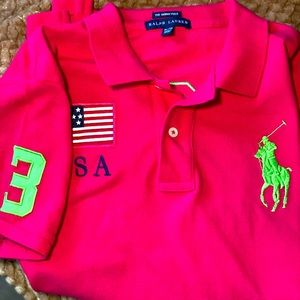 Ladies Ralph Lauren Polo Shirt with Large Pony on front with 🇺🇸 patch on back